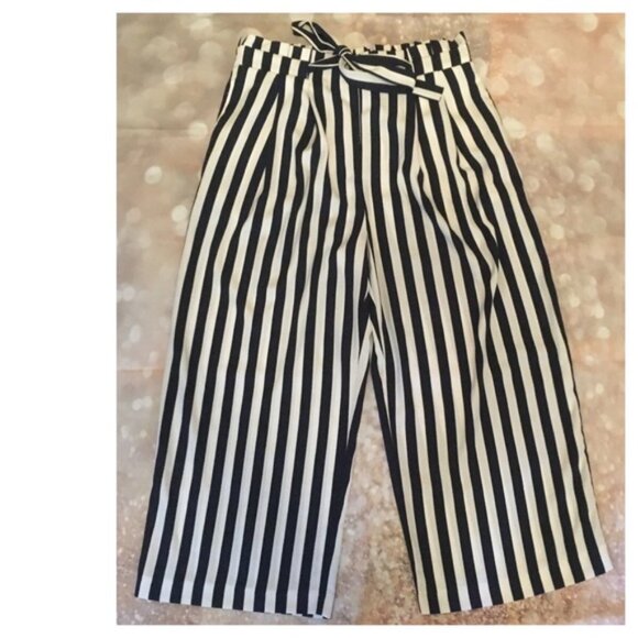 Zara Paperbag Blue White Striped Crop Trousers S - Picture 2 of 4